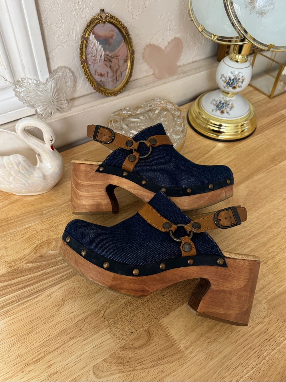 🤎 Y2K Boho Denim Platform Clogs – Five Worlds (Size 10) 🤎